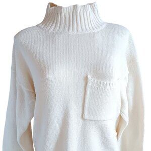 Vintage Large Women's Sweater Mock Turtleneck Ivory/White Acrylic 1980's Pocket